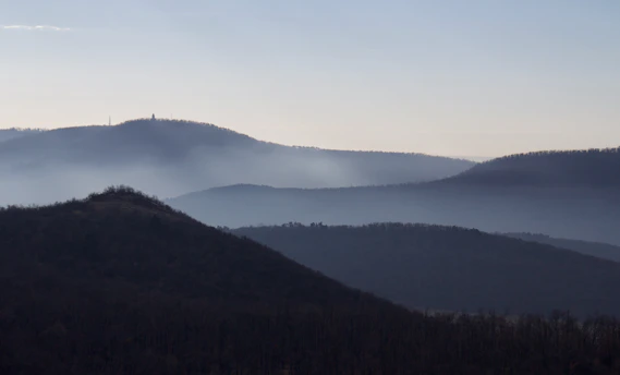 A serene landscape photo capturing the soft morning light over misty hills.