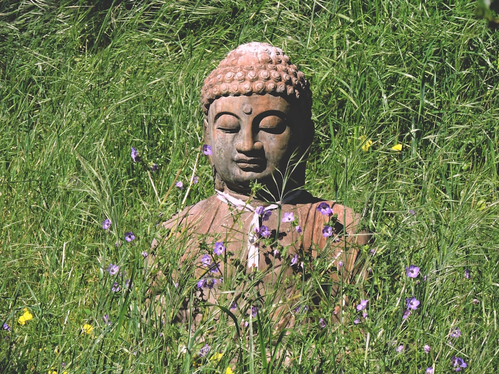 a buddha statue sitting in a field of tall grass
