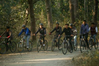 A group of friends laughing and biking together through a leafy park trail.