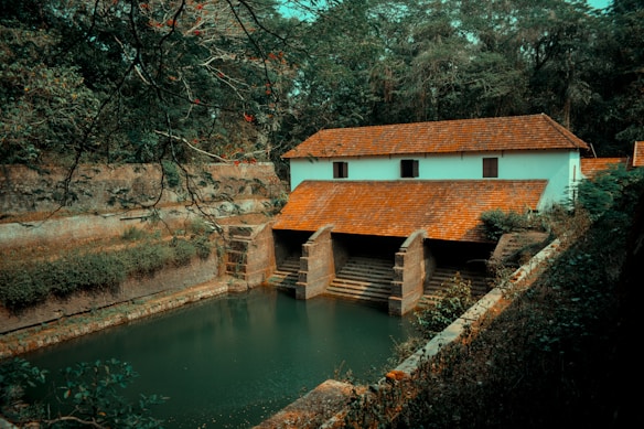 A serene pond surrounded by dense foliage is adjacent to a rustic building with a reddish-brown tiled roof. Stairs lead from the water up to the entrance of the building, which is nestled among lush greenery. Tree branches hang overhead, adding to the tranquil, shaded atmosphere.