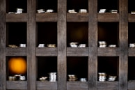 Rows of different coin types displayed on a modern glass shelf in a store setting.