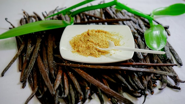 A white plate containing a pile of brown powder is placed on a surface covered in vanilla beans. A small white spoon rests on the plate. Bright green leaves add a touch of color to the composition.