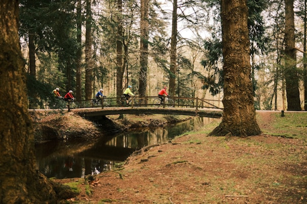 Group of cyclists crossing a rustic wooden bridge over a sparkling river.