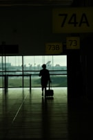 A silhouette of a person walking in an airport terminal, pulling a wheeled suitcase. Overhead signage displays gate numbers 74A, 73B, and 73. Large windows provide a view of parked airplanes and the runway outside.