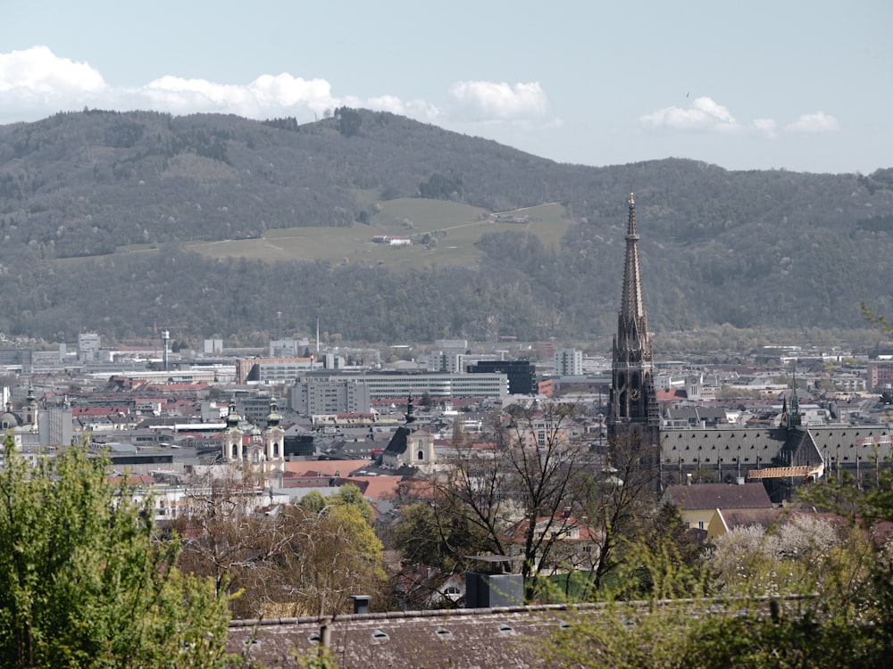 a view of a city with mountains in the background