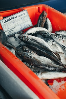 A group of fresh fish is laid out on ice in a red plastic container. A label with the word 'CARAPAU GRANDE' and a price of 7.80€ is visible.
