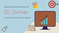 A graphic with text reading 'Exploring Opportunities for D2C Startups in the Post-COVID-19 World.' It features a target with an arrow, a computer monitor displaying an upward graph, a calendar, a rocket icon, and a clipboard with colorful sticky notes.