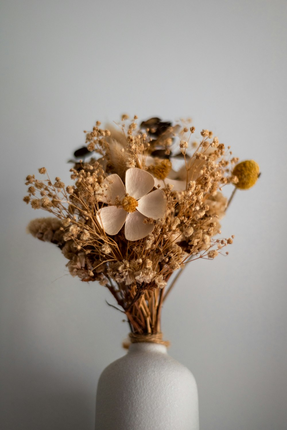 a white vase with dried flowers in it