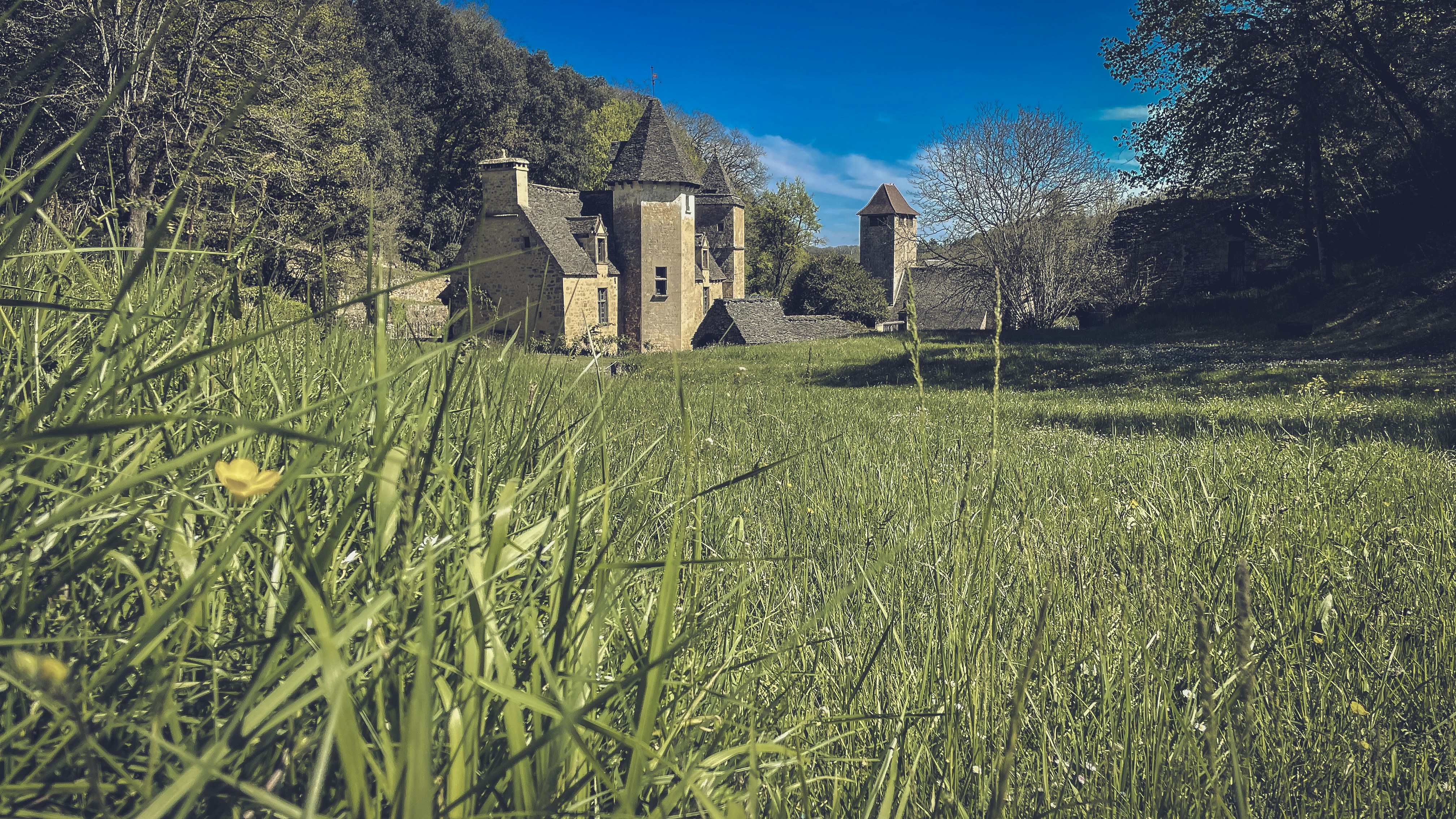 a large building sitting in the middle of a lush green field