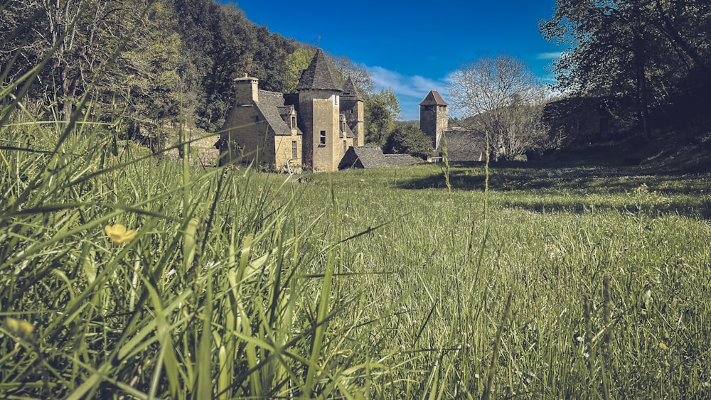 a large building sitting in the middle of a lush green field