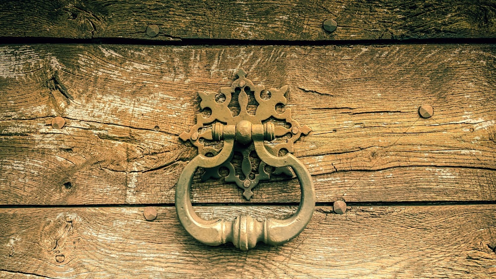 a close up of a door handle on a wooden door