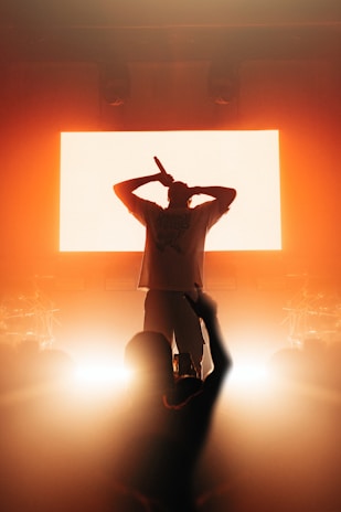 A silhouette of a performer holding a microphone stands against a brightly lit backdrop, creating a dramatic visual effect. The audience is partially visible in the foreground, with a warm, orange glow permeating the atmosphere.