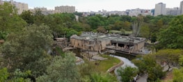 A scenic view of a zoo or wildlife sanctuary featuring a large enclosure with wooden structures, possibly for primates. There are lush green trees surrounding the enclosure and a clear pathway is visible. Beyond the trees, there are multiple high-rise buildings indicating an urban setting.