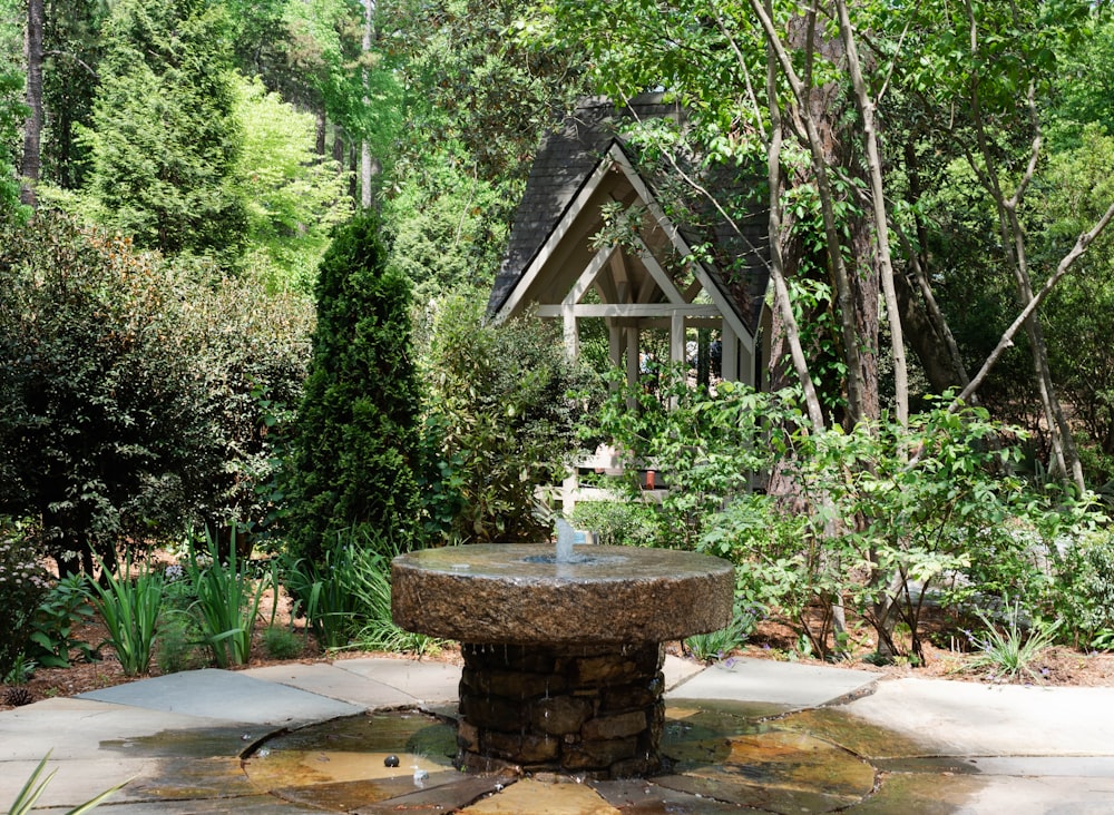 a small house in the woods with a fountain