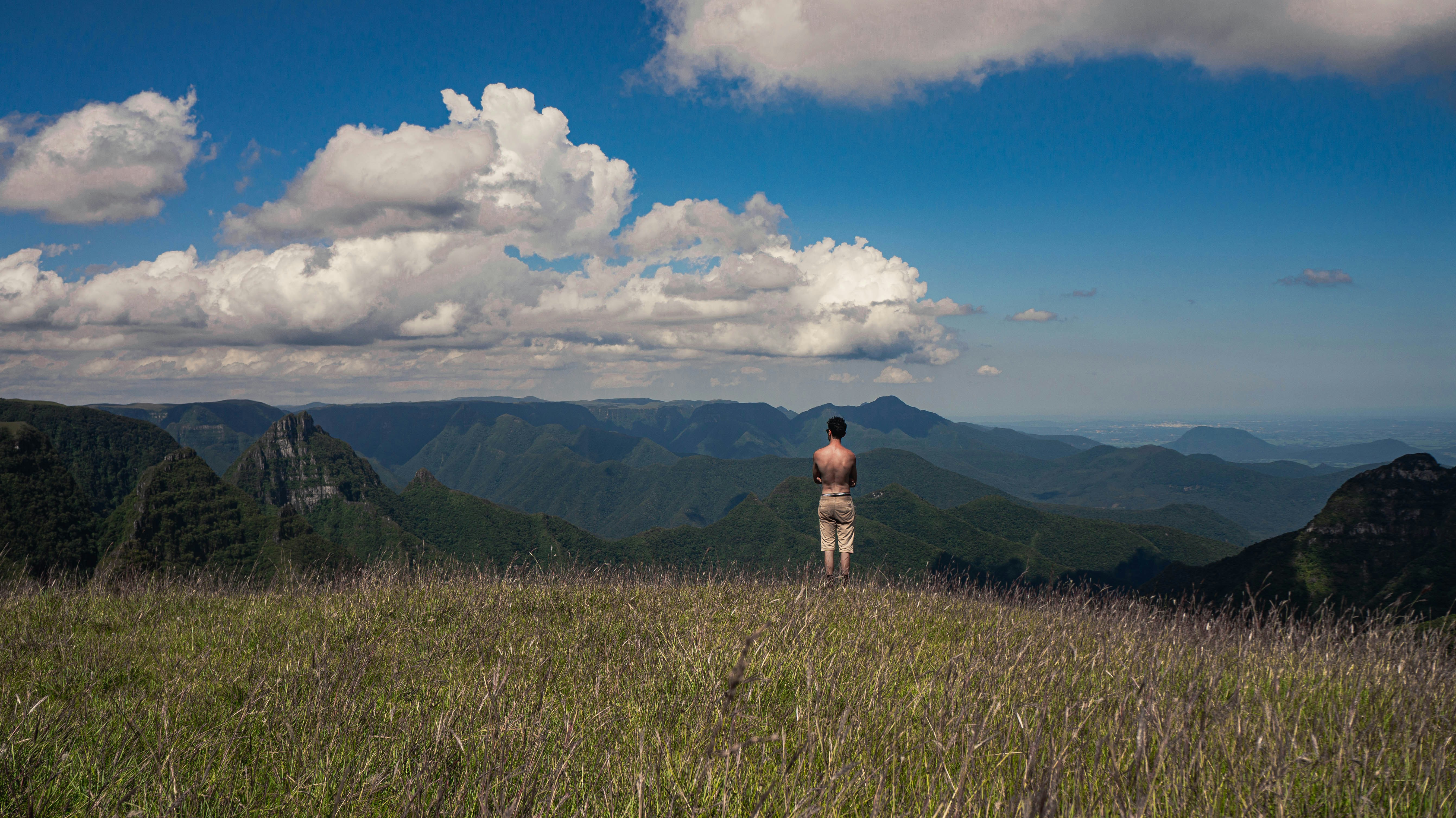 a man standing on top of a lush green hillside