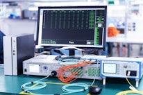 A laboratory setup featuring various networking and testing equipment on a table. A computer monitor displaying test results with a 'Pass' message is prominently positioned. Multiple cables in orange and blue are connected to devices labeled 'Optical Phase Modulation Meter' and 'Test Station'. The environment appears clean and organized, suggesting a professional or industrial setting.