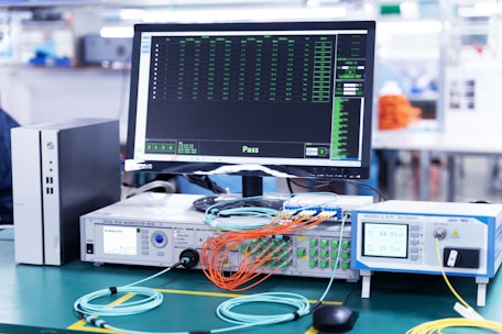 A laboratory setup featuring various networking and testing equipment on a table. A computer monitor displaying test results with a 'Pass' message is prominently positioned. Multiple cables in orange and blue are connected to devices labeled 'Optical Phase Modulation Meter' and 'Test Station'. The environment appears clean and organized, suggesting a professional or industrial setting.