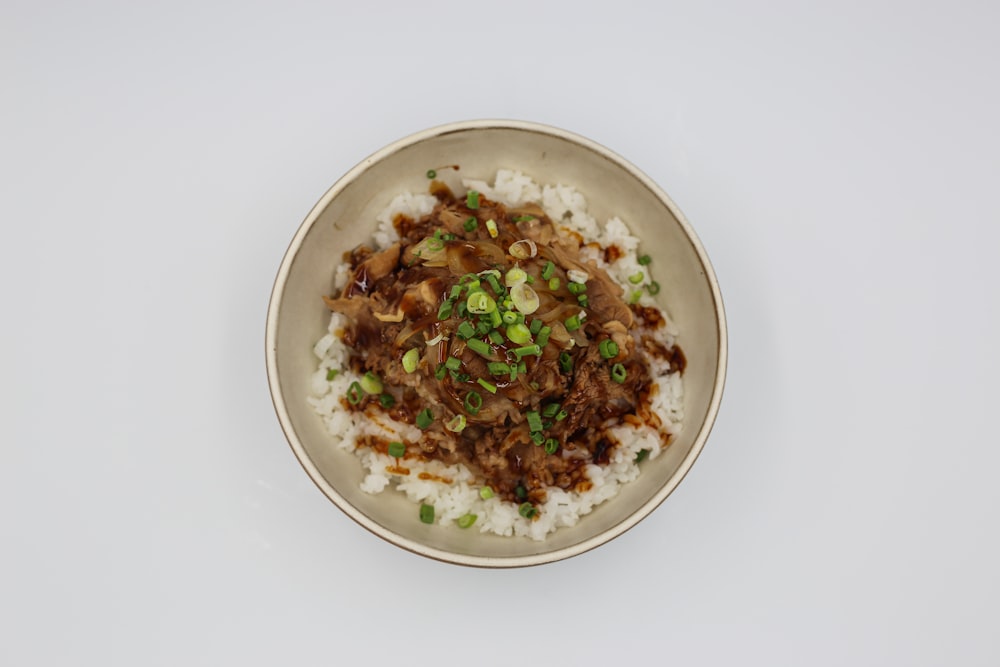 a plate of food with rice and meat