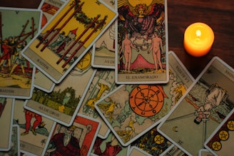 A variety of tarot cards are spread out on a wooden surface next to a lit candle. The cards show intricate illustrations and symbols, including figures and abstract designs, suggesting themes of divination or fortune-telling.