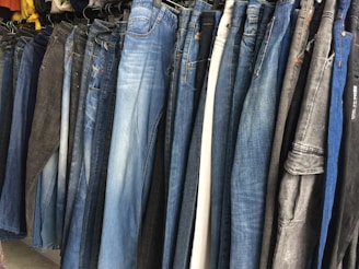 A row of jeans in various shades of blue and black is displayed on hangers in a clothing store. The jeans are arranged closely together, demonstrating a variety of washes and styles, from light blue to dark denim.