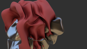 Dynamic composition showing the interplay of geometry and machine-inspired forms highlighted by crimson blade details.