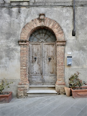 An ancient wooden double door set in a rustic brick archway, with peeling paint and a weathered appearance. Below the door is a stone step, flanked by two rectangular planters containing small plants. A metal mailbox is attached to the wall on the right, and the building facade shows signs of age and wear, with cracks visible in the plaster.