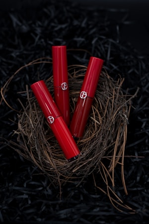 Three red lipstick tubes are elegantly arranged in a nest made of twigs, set against a dark background. The delicate natural materials contrast with the sleek, glossy finish of the lipsticks.