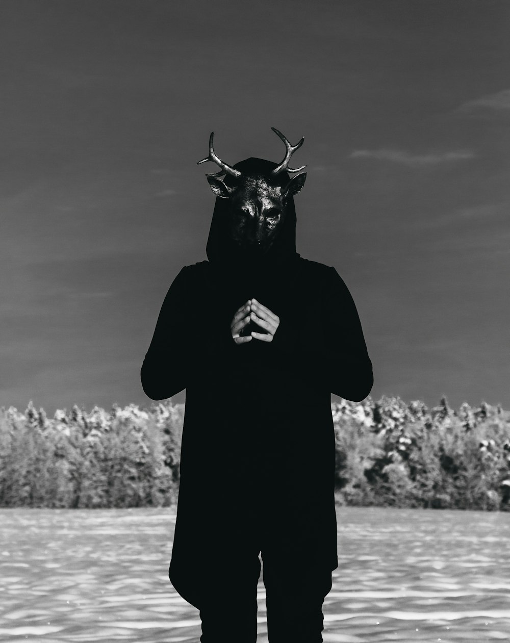 una persona che indossa una maschera di capra in piedi in un campo