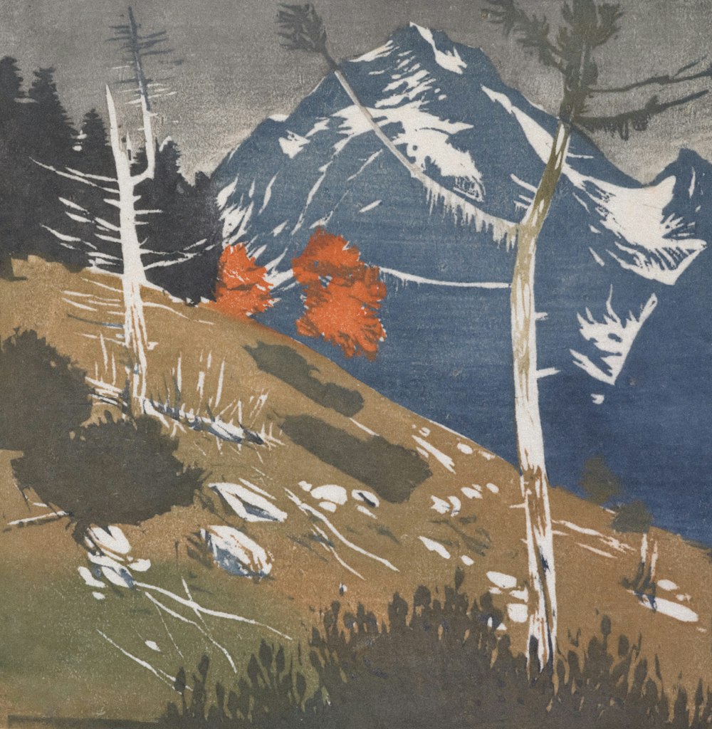 a painting of a mountain scene with trees