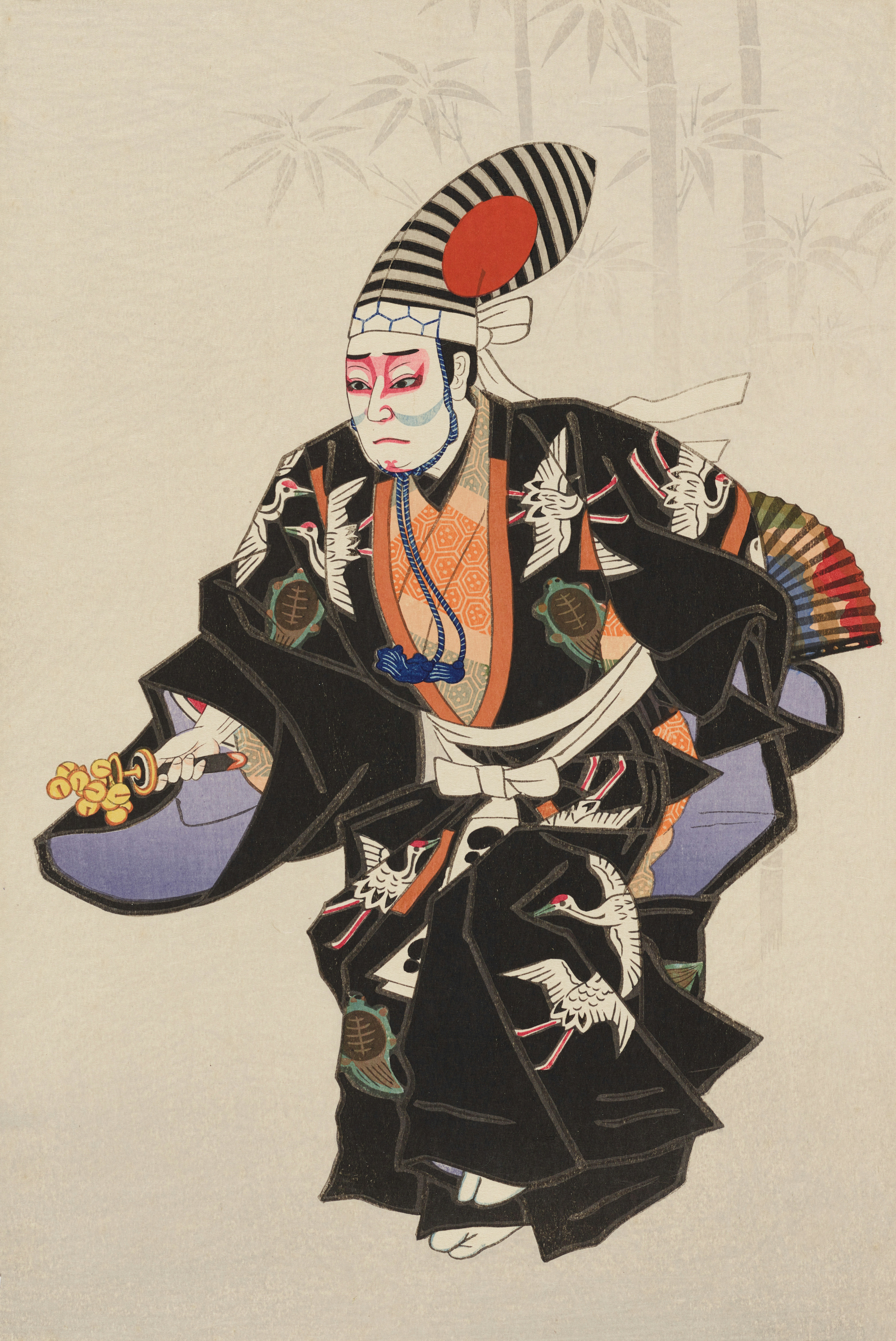 https://collections.tepapa.govt.nz/object/1528130 Ichikawa Ennosuke as a sanbasō dancer, 1952, Tokyo, by Natori Shunsen. Purchased 2016. Te Papa (2016-0008-45) The major Japanese 20th century printmaker Natori Shunsen (1886-1960) first worked for the principal publisher of shin-hanga ('modern prints'), Watanabe Shozaburo, in 1916 and was well-known in America through his exhibitions at the Toledo Museum of Art.