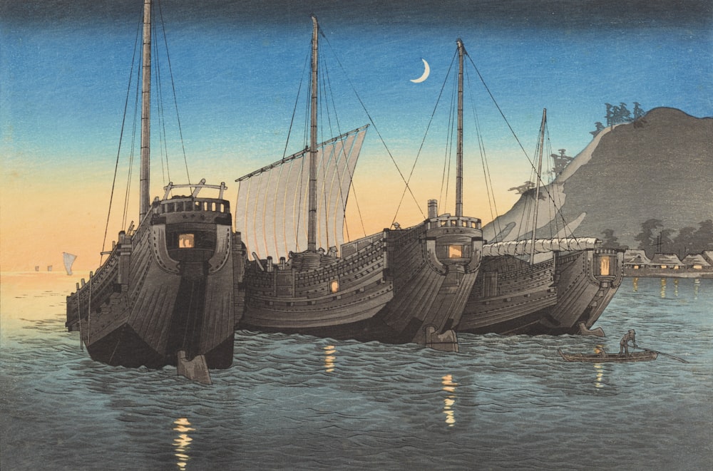 ein Gemälde einer Gruppe von Booten im Wasser