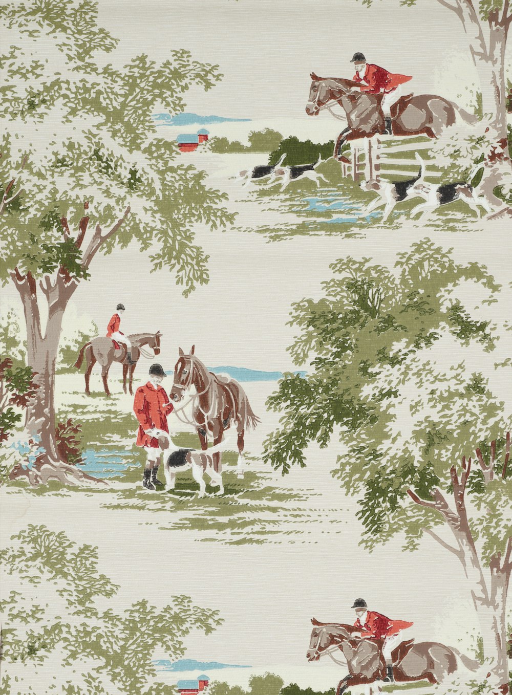 a wallpaper with horses and riders in a wooded area