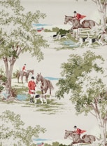 A pastoral scene depicts horse riders in red jackets participating in a hunt with several hounds. A rider is jumping a fence, while another chats with a fellow rider beside a tree. The landscape includes lush green trees, a small pond, and distant hills with a farmhouse.