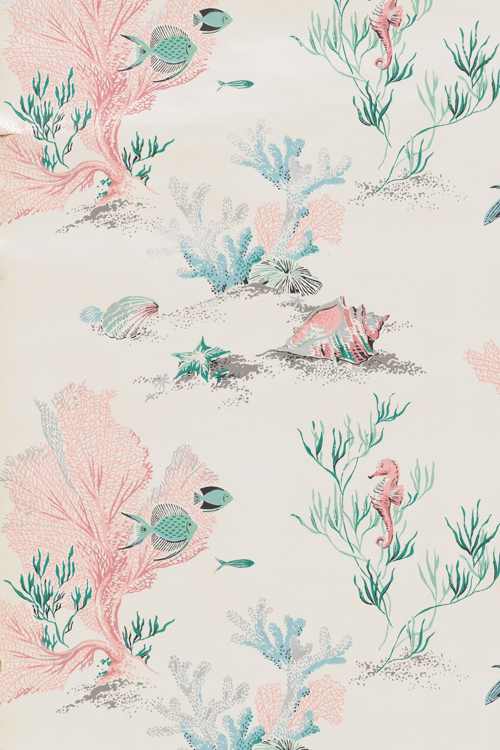 a pink and blue wallpaper with corals and seaweed