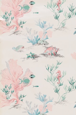 An underwater scene featuring coral reefs and marine life such as fish and seahorses. The image includes various corals in pink, blue, and green hues along with a large seashell on a sandy bed. The aquatic plants add texture while swimming fish and a seahorse give a lively aspect to the composition.