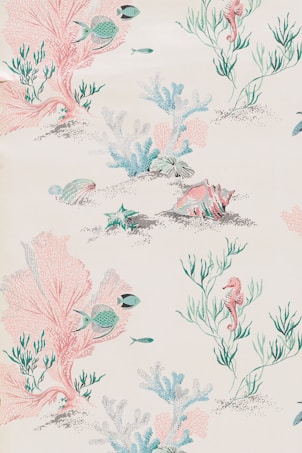 An underwater scene featuring coral reefs and marine life such as fish and seahorses. The image includes various corals in pink, blue, and green hues along with a large seashell on a sandy bed. The aquatic plants add texture while swimming fish and a seahorse give a lively aspect to the composition.