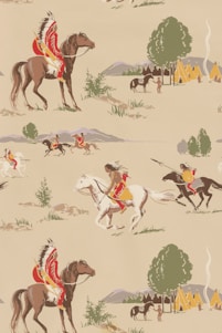 A repeated pattern featuring Native American warriors riding horses. The riders are adorned with traditional headdresses and garments, while the background includes scenes of a village with tipis, trees, and distant mountains.