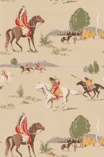 A repeated pattern featuring Native American warriors riding horses. The riders are adorned with traditional headdresses and garments, while the background includes scenes of a village with tipis, trees, and distant mountains.