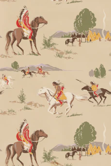 A vibrant depiction of a Missouria tribe bison hunt on the plains, with riders on horseback and the vast sky above.