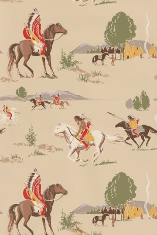 A repeated pattern featuring Native American warriors riding horses. The riders are adorned with traditional headdresses and garments, while the background includes scenes of a village with tipis, trees, and distant mountains.