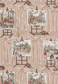 The pattern features paintings on wooden easels depicting vibrant urban and natural scenes. Each painting includes elements like bridges, cafes, trees, and cityscapes. Art supplies such as paintbrushes and palettes are scattered around the easels. The background is a soft beige color, which contrasts with the vivid colors in the paintings.