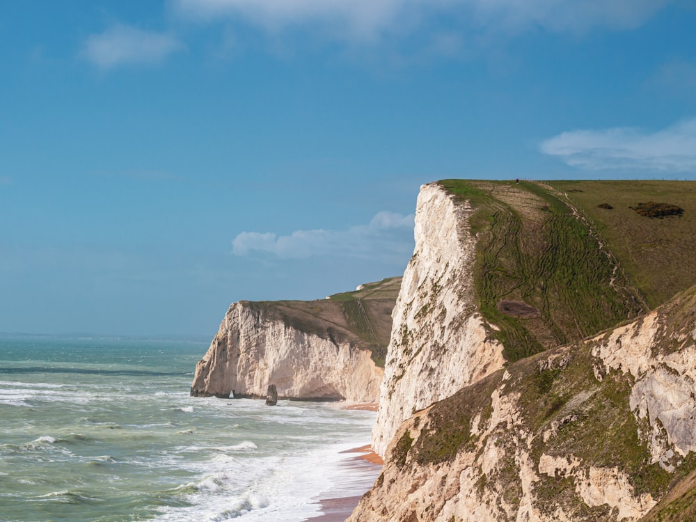 a view of a beach with a cliff in the background