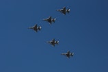 Five military fighter jets fly in a V formation against a clear blue sky.