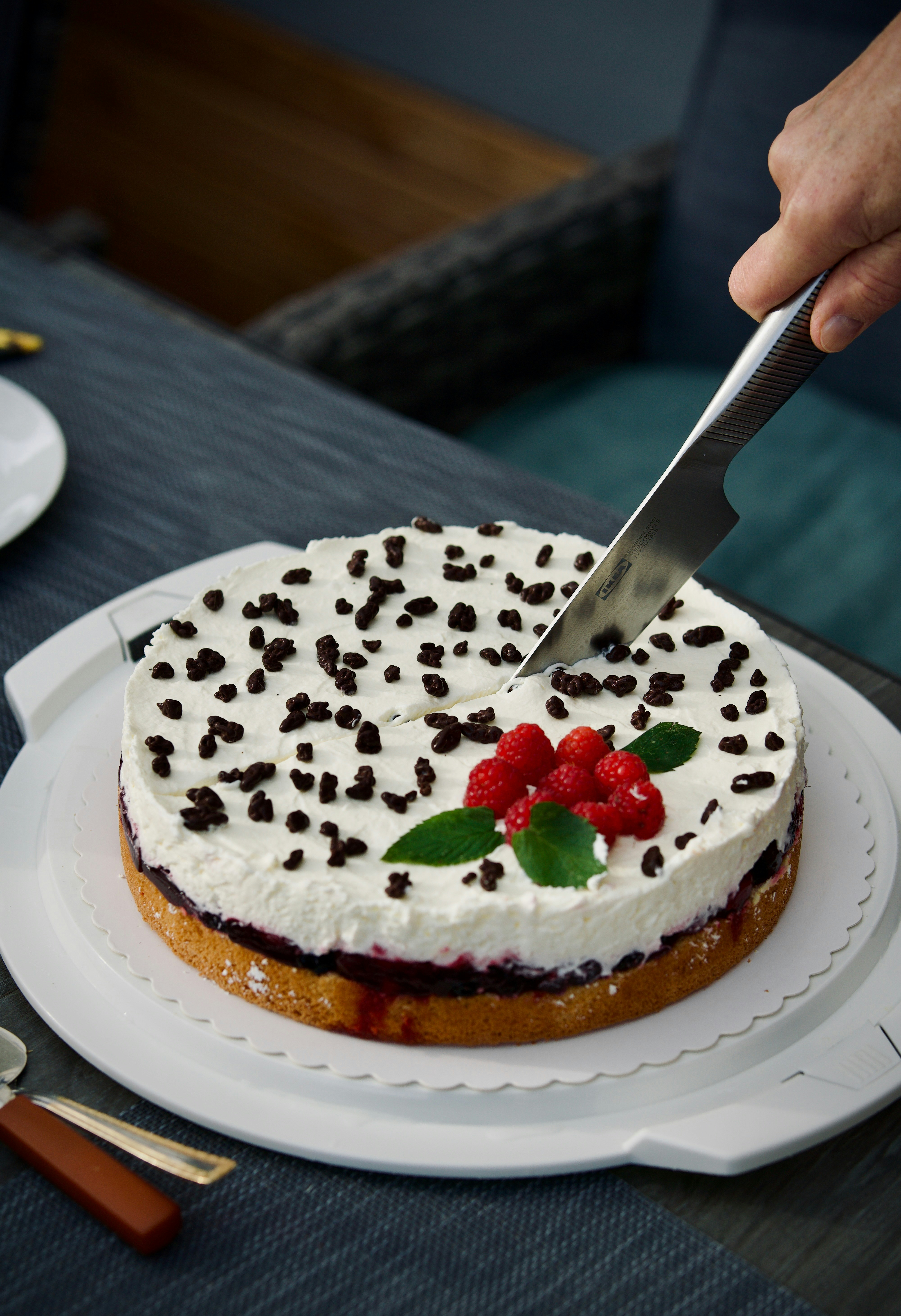 a person cutting a cake with a knife