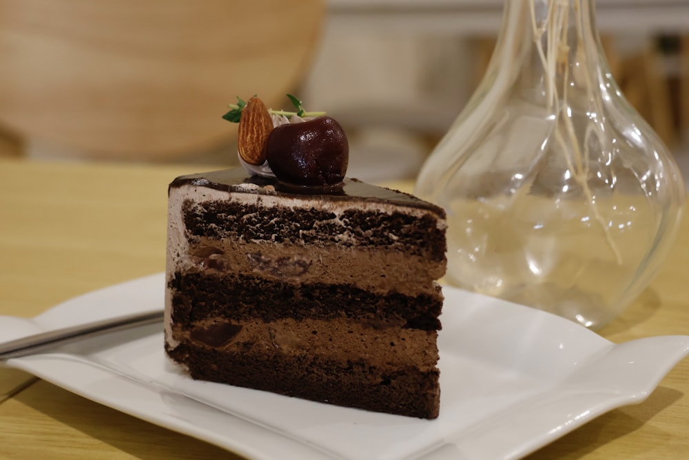 a piece of chocolate cake on a white plate