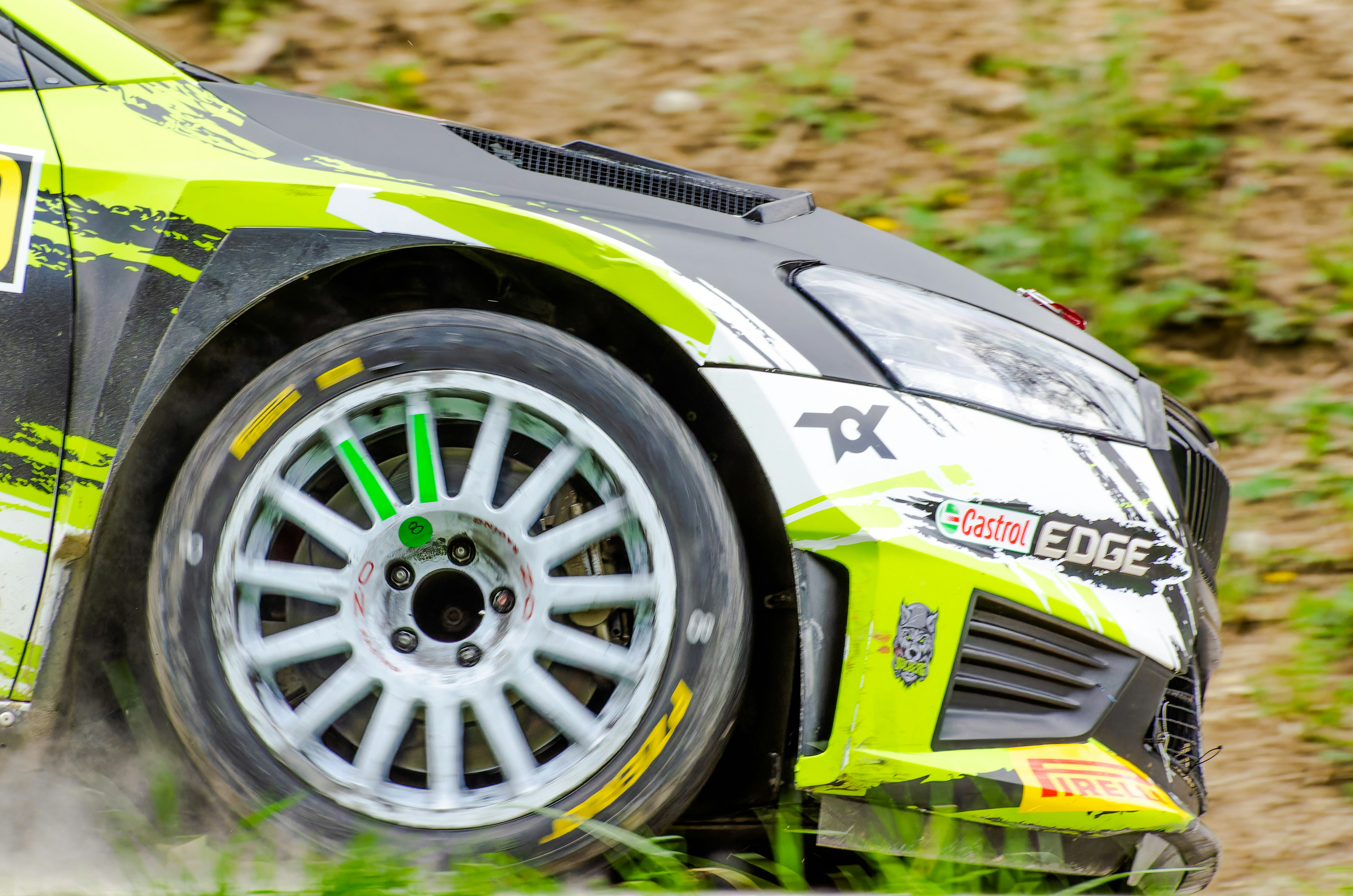 Close-up of a rally car (Škoda Fabia Rally2) at WRC Croatia Rally 2023.