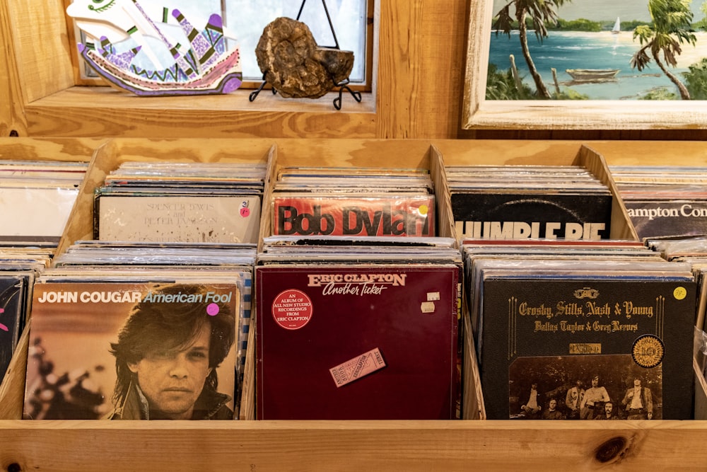 a collection of records on display in a store
