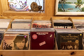 A collection of vinyl records is neatly organized in wooden display crates. The records feature notable musicians and bands such as John Cougar, Bob Dylan, Eric Clapton, and Crosby, Stills, Nash & Young. The background includes a painting with palm trees and a model sailboat, adding a vintage and eclectic atmosphere to the scene.