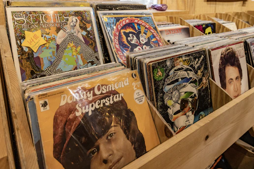 A collection of vinyl records is neatly displayed in wooden storage bins. The covers of the records feature vibrant and diverse artwork, reflecting a variety of musical genres and styles. Some album covers are quite colorful, while others feature prominent portraits of artists.