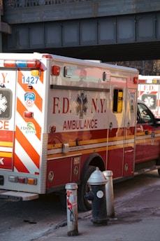A New York City fire department ambulance is parked on the street. The vehicle is red with white and yellow stripes, featuring the F.D.N.Y logo and markings. A fire hydrant and a metal pole are visible nearby, with an overpass in the background.